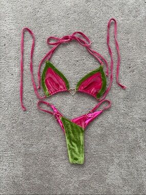 Pink and Green Velvet Two-Piece Bikini Set